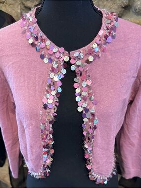 52 Weekends Pink Sequin Trim Cropped Cardigan